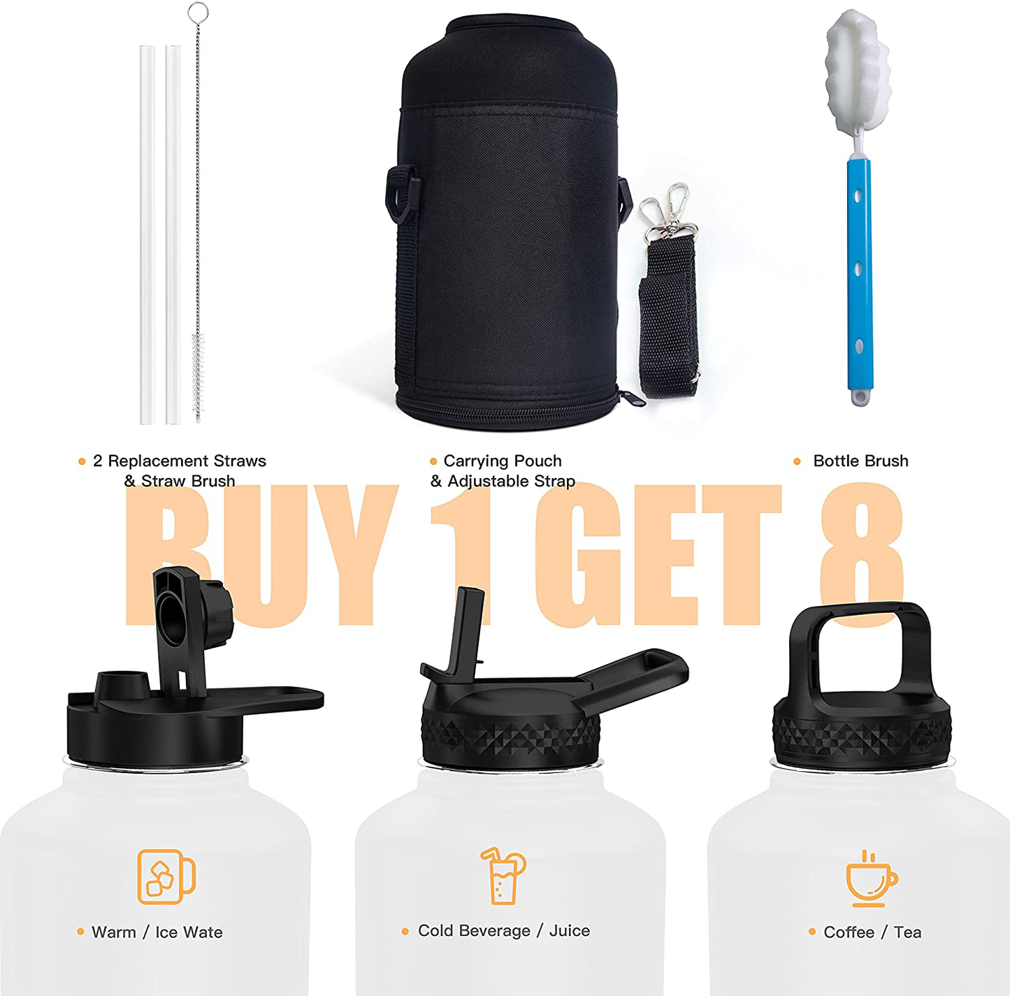Skorter | 64 oz Insulated Water Bottle, Top Half Gallon Vacuum Stainless Steel Sports Water Jug with 3 Lids & Brushes, BPA-free Reusable Triple-Walled Thermos Jug for Sports Outdoor Camping, Black