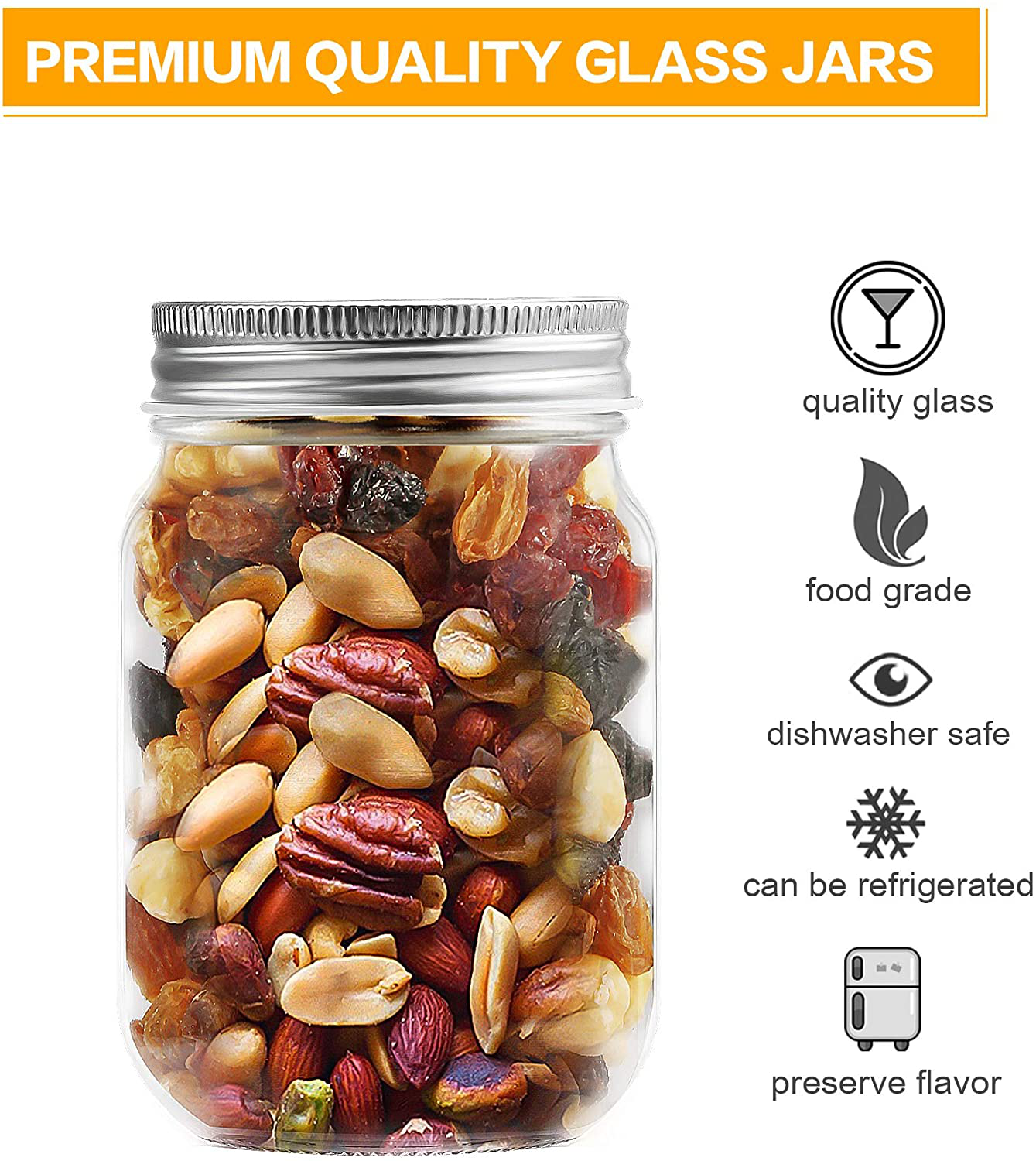 Skorter | 12oz Glass Jars With Lids Regular Mouth 20 Pack -Mason Jars 12 Oz For Crafts, Meal Prep, Canning Jars For Food Storage Glass Jars With Lid For Preserves-With 20 Chalkboard Stickers-Silver Lid