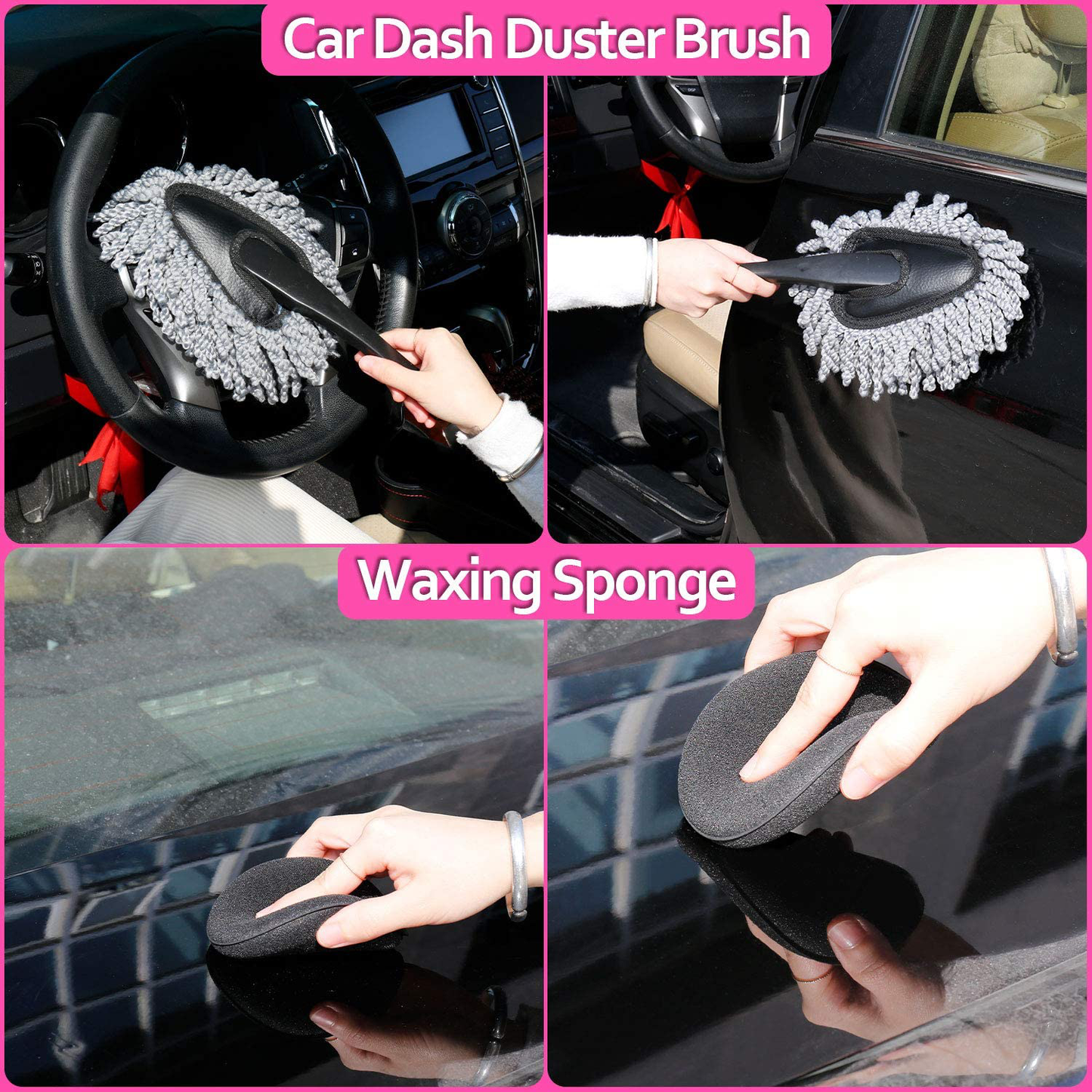 Skørter | Car Wash Kit, Pink Car Cleaning Kit Interior and Exterior, Car Accessories for Women - Cleaning Gel, Microfiber Cleaning Cloth, Car Wash Mitt, Duster, Squeegee, Microfiber Wax Applicator (17 pieces)