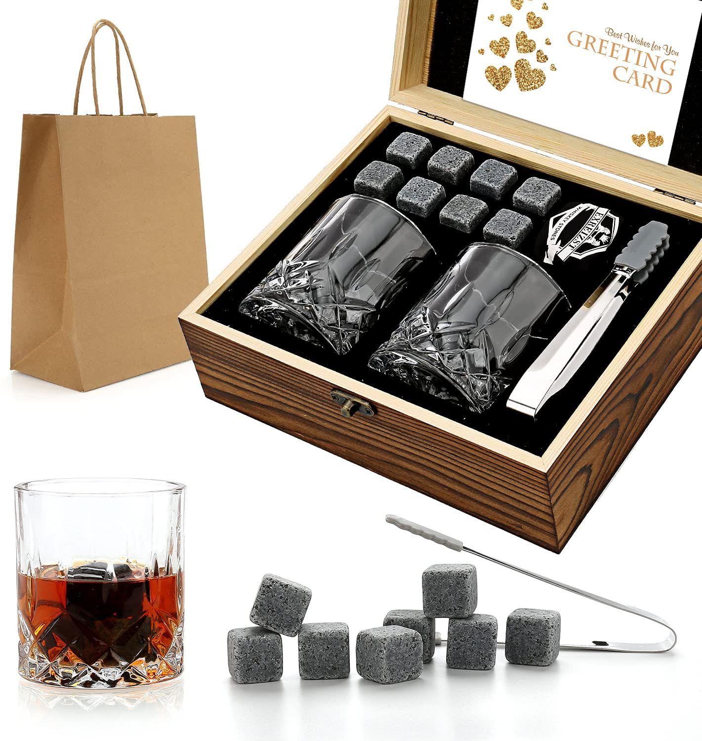 Skørter | Whisky Stones Gift Set - Whisky Glass Set with 2 - Granite Chilling Whisky Stones - Scotch Bourbon Whisky Glass Gift Box Set - Best Drink Gifts for Men Dad Man Birthday Party Holiday Gift