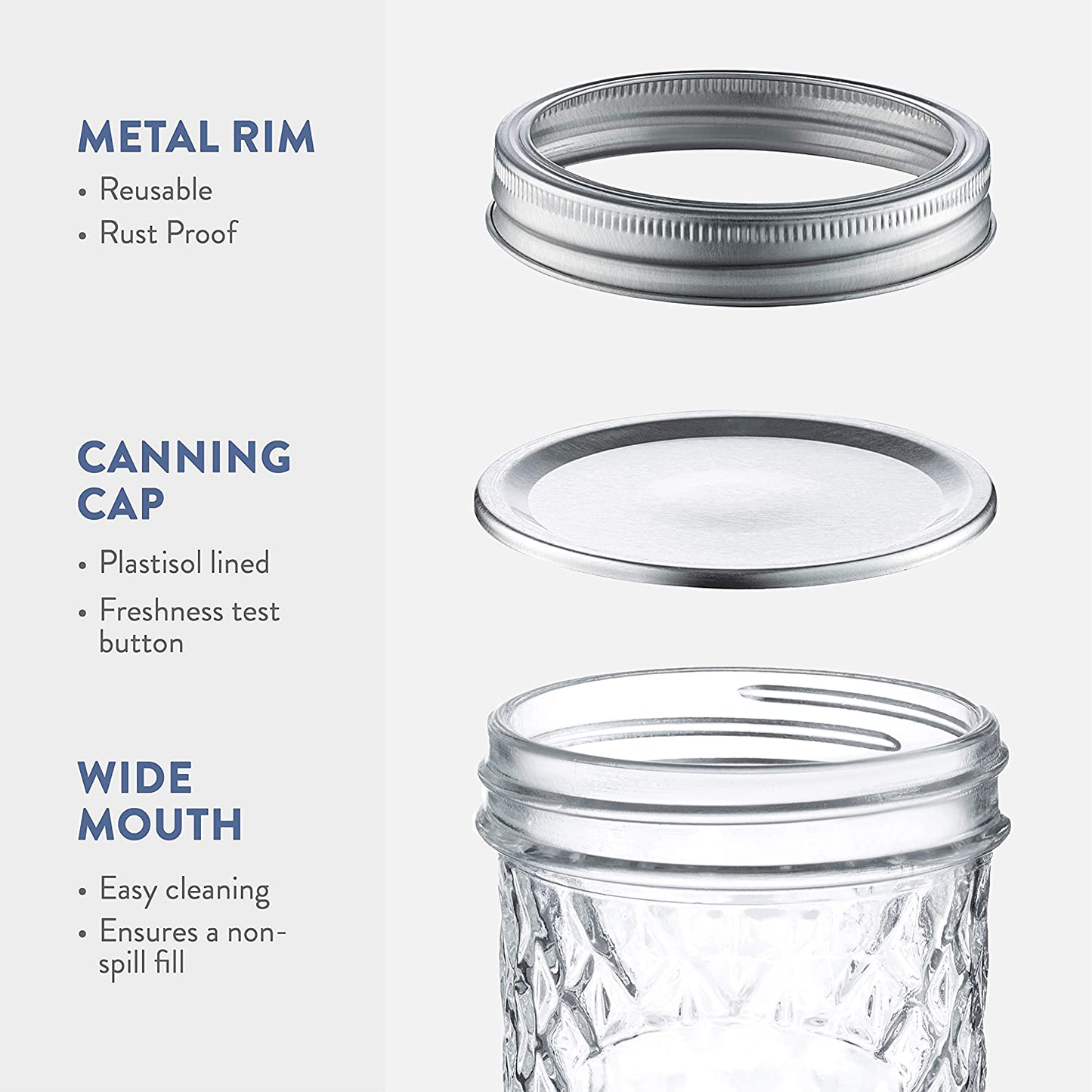 Skorter | Checked Wide Mouth Glass Mason Jars - 16-Ounce (6-Pack) Canning Jars with Lids and Bands, Table Markers, for Canning, Preservation, Pickling, Meal Prep, Jam, Jelly, Overnight Oats, Dishwasher Safe