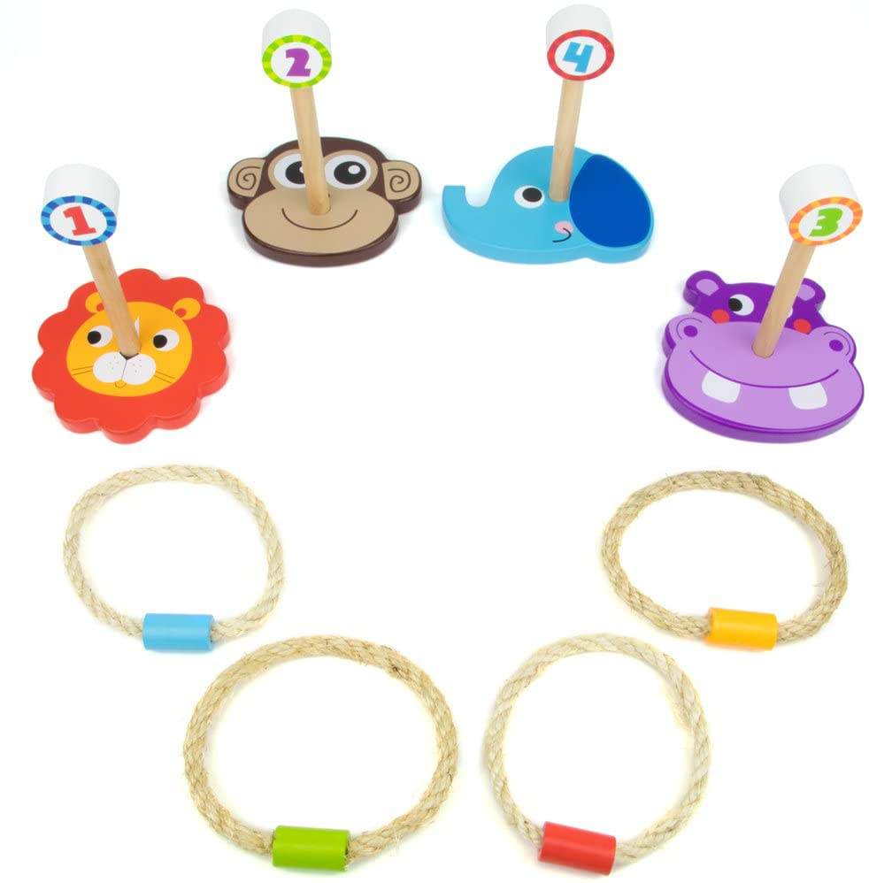 Skørter | Fantasy Generation Jungle Ring Toss Game, Indoor/Outdoor Family Fun with 4 Wooden Animal Targets