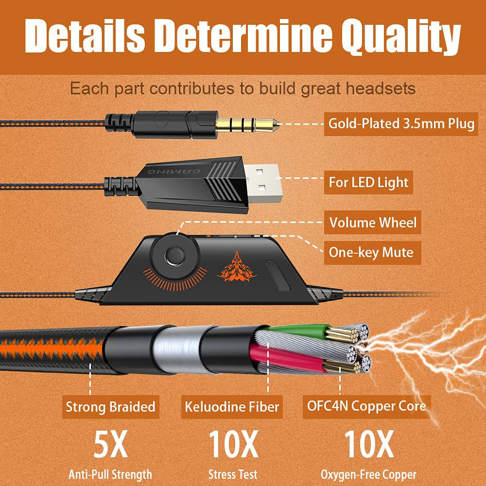 Skorter | Bengoo G9000 Stereo Gaming Headset For Ps4, Pc, Xbox One Controller, Noise-Canceling Over-Ear Headphones With Microphone, Led Lights, Bass Surround, Soft Memory Ear Pads (Orange)