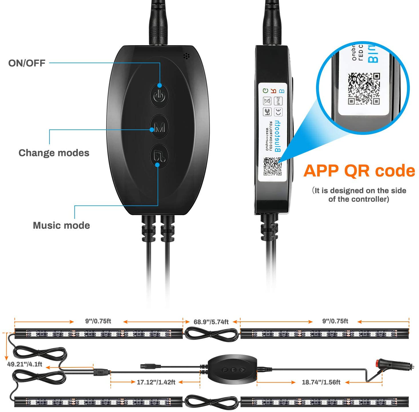 Skørter | Interior Billys, Upgrade 2-in-1 Design DC 12V Sound Activated 48 LED Car Strip Lights, Box Control, Remote Control and APP Control Lighting Set for All Vehicles, Mounting, Indoor/Outdoor