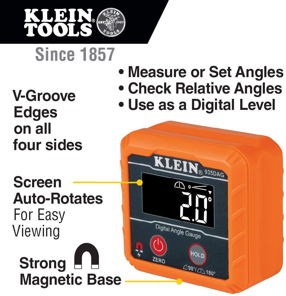 Skørter | Klein Tools 935DAG Digital Electronic Level and Angle Meter, Measures 0 - 90 and 0 - 180 Degree Ranges, Measures and Sets Angles