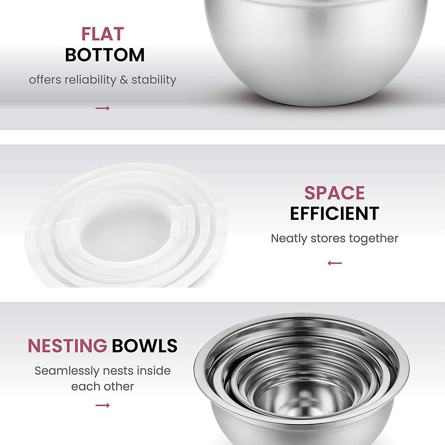 Skørter | Premium Stainless Steel Mixing Bowls with Tight Lids (Set of 5) Stackable Bowls for Space-Saving Storage, Easy Grip & Stability Design Mixing Bowl Set Versatile for Cooking, Baking, & Food Storage
