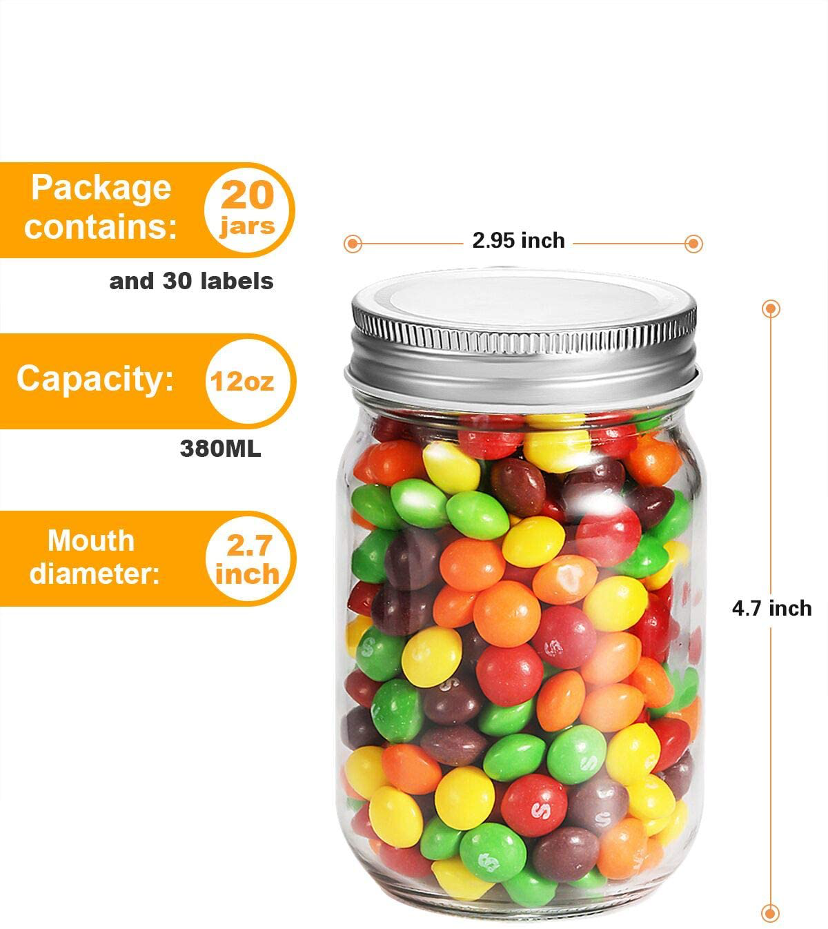 Skorter | 12oz Glass Jars With Lids Regular Mouth 20 Pack -Mason Jars 12 Oz For Crafts, Meal Prep, Canning Jars For Food Storage Glass Jars With Lid For Preserves-With 20 Chalkboard Stickers-Silver Lid