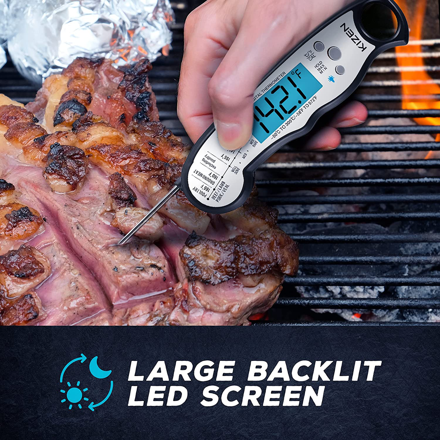 Skørter | Kizen Digital Meat Thermometers for Cooking - Waterproof Instant Read Meat Thermometer for Meat, Frying, Baking, Outdoor Cooking, Grilling, & BBQ (Black/White)
