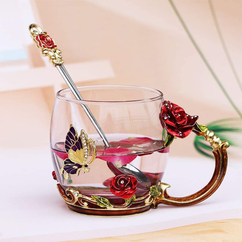 Skorter | Luka Tech Enamel Butterfly Flower Lead-Free Glass Coffee Cup Tea Mug with Steel Spoon, Best Birthday Gifts For Woman Wife Mother Friends Mothers Valentine's Day Christmas (Purple-High)