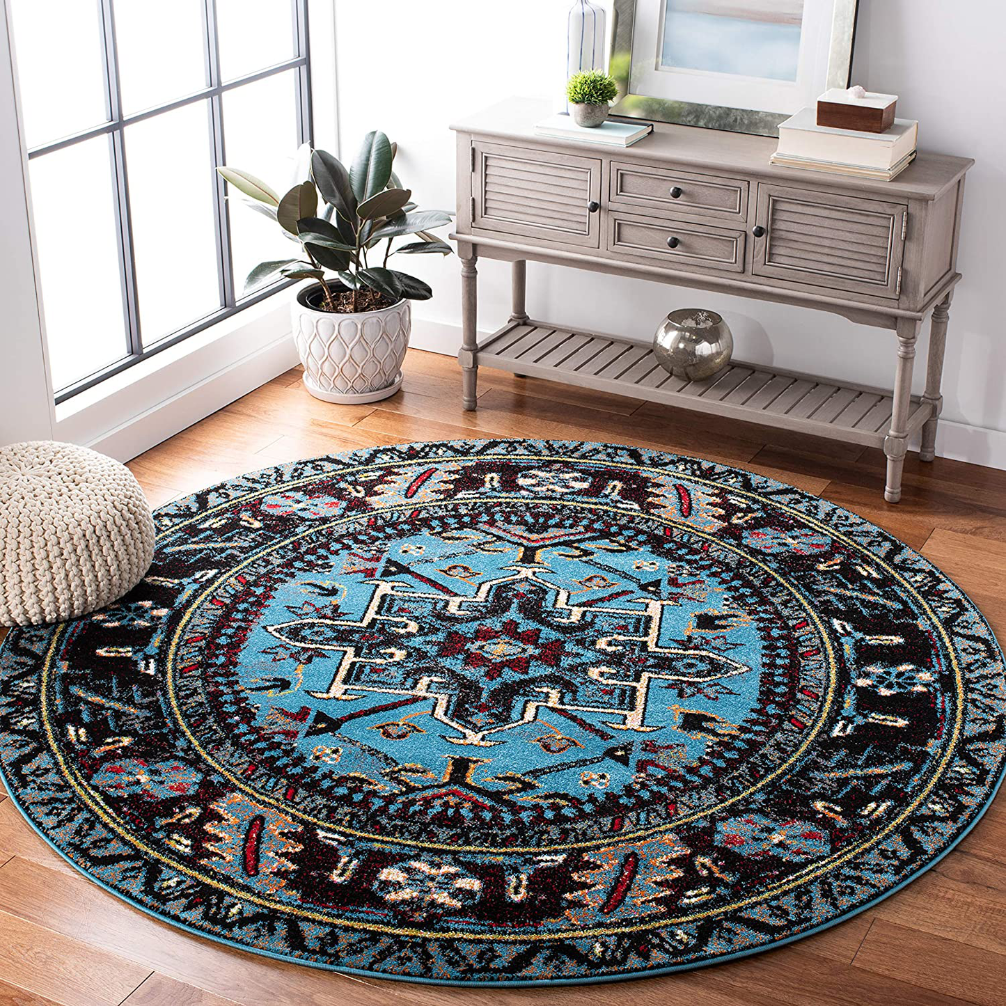 Skørter | SAFAVIEH Vintage Hamadan Collection VTH211M Traditional oriental living room dining room bedroom entrance rug 3' x 3' round light blue/black