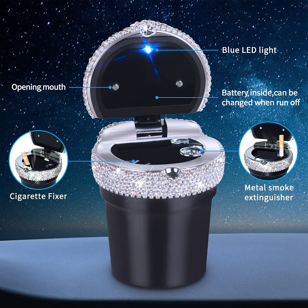 Skorter | eing Car Ashtray Portable Bling Cigarette Smokeless Cylinder Cup Holder with Blue LED Light Indicator, Car Accessories for Women, Ideal for Car, Home and Office, Black