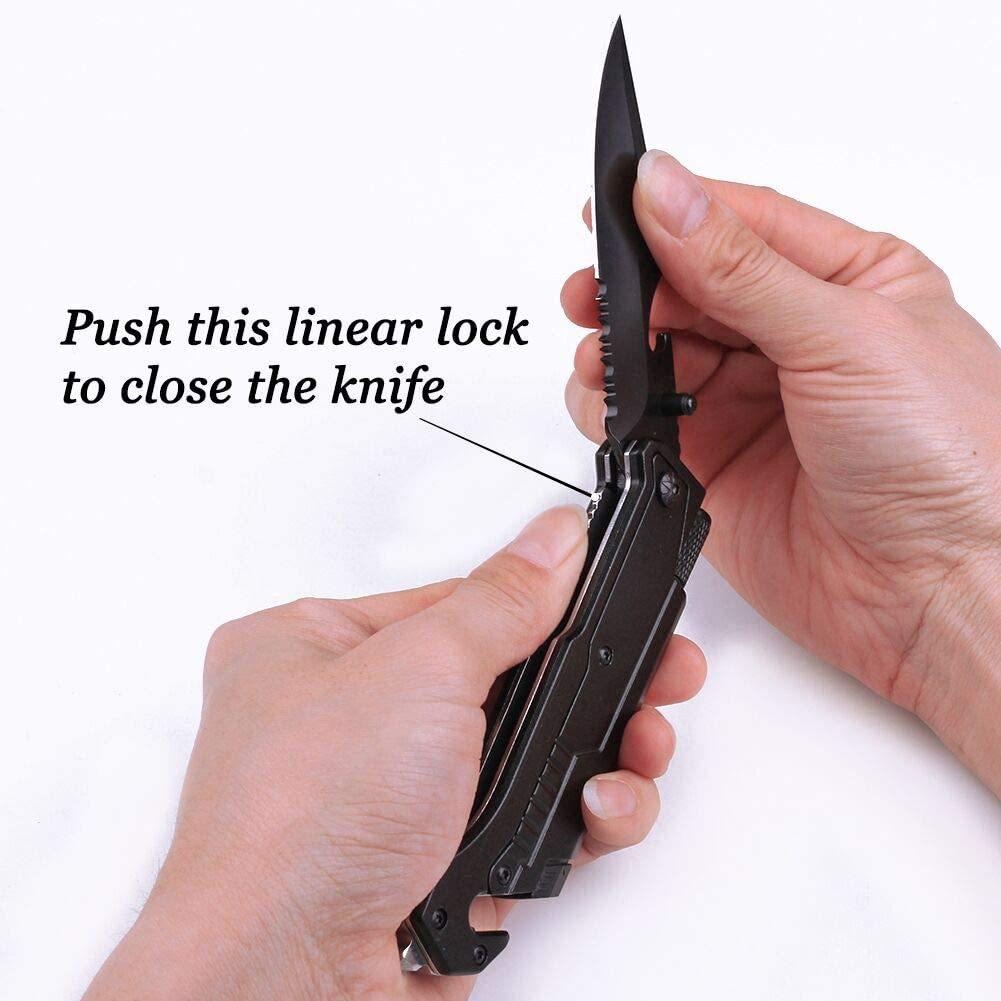 Skorter | Spouse birthday gift, pocket knife with 6 functions, LED light, fire starter, bottle opener, seat belt cutter, glass breaker, anniversary gift for men, boyfriend, Father's Day