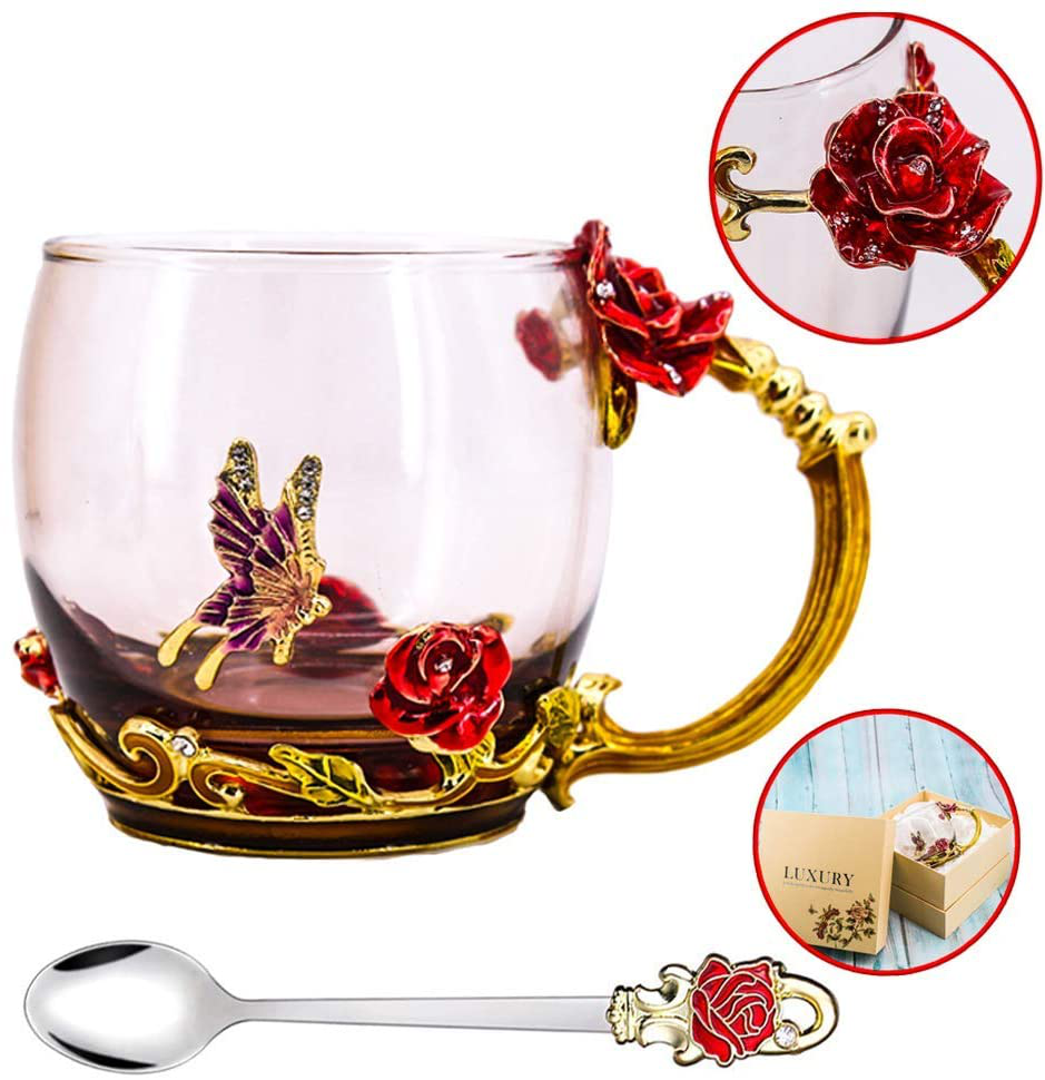 Skorter | Luka Tech Enamel Butterfly Flower Lead-Free Glass Coffee Cup Tea Mug with Steel Spoon, Best Birthday Gifts For Woman Wife Mother Friends Mothers Valentine's Day Christmas (Purple-High)