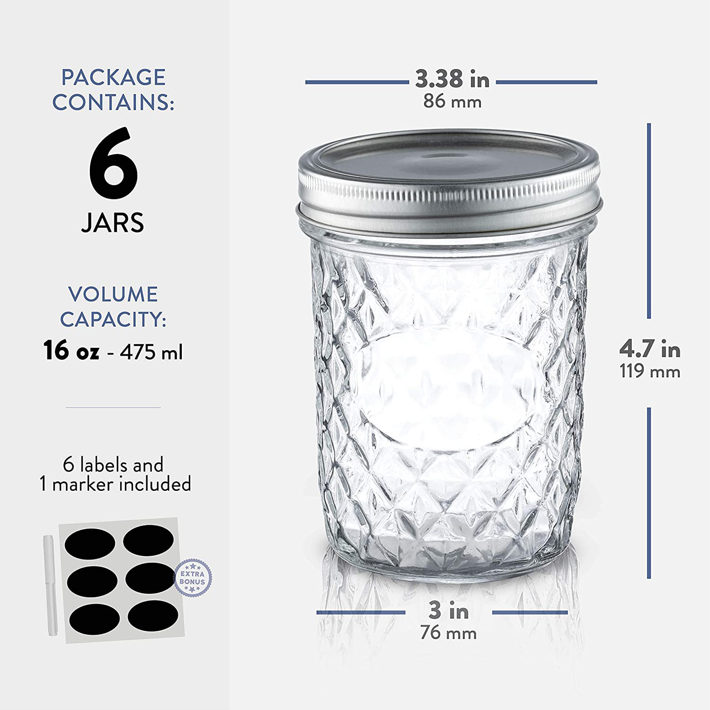 Skorter | Checked Wide Mouth Glass Mason Jars - 16-Ounce (6-Pack) Canning Jars with Lids and Bands, Table Markers, for Canning, Preservation, Pickling, Meal Prep, Jam, Jelly, Overnight Oats, Dishwasher Safe