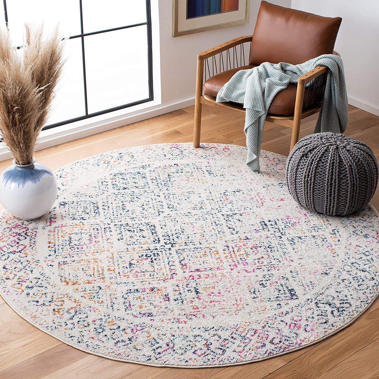 Skørter | Safavieh Tulum Collection TUL264D Moroccan Boho Distressed Non-Shedding Spot Resistant Living Room Bedroom Area Rug, 3' x 3' Round, Ivory / Dark Blue