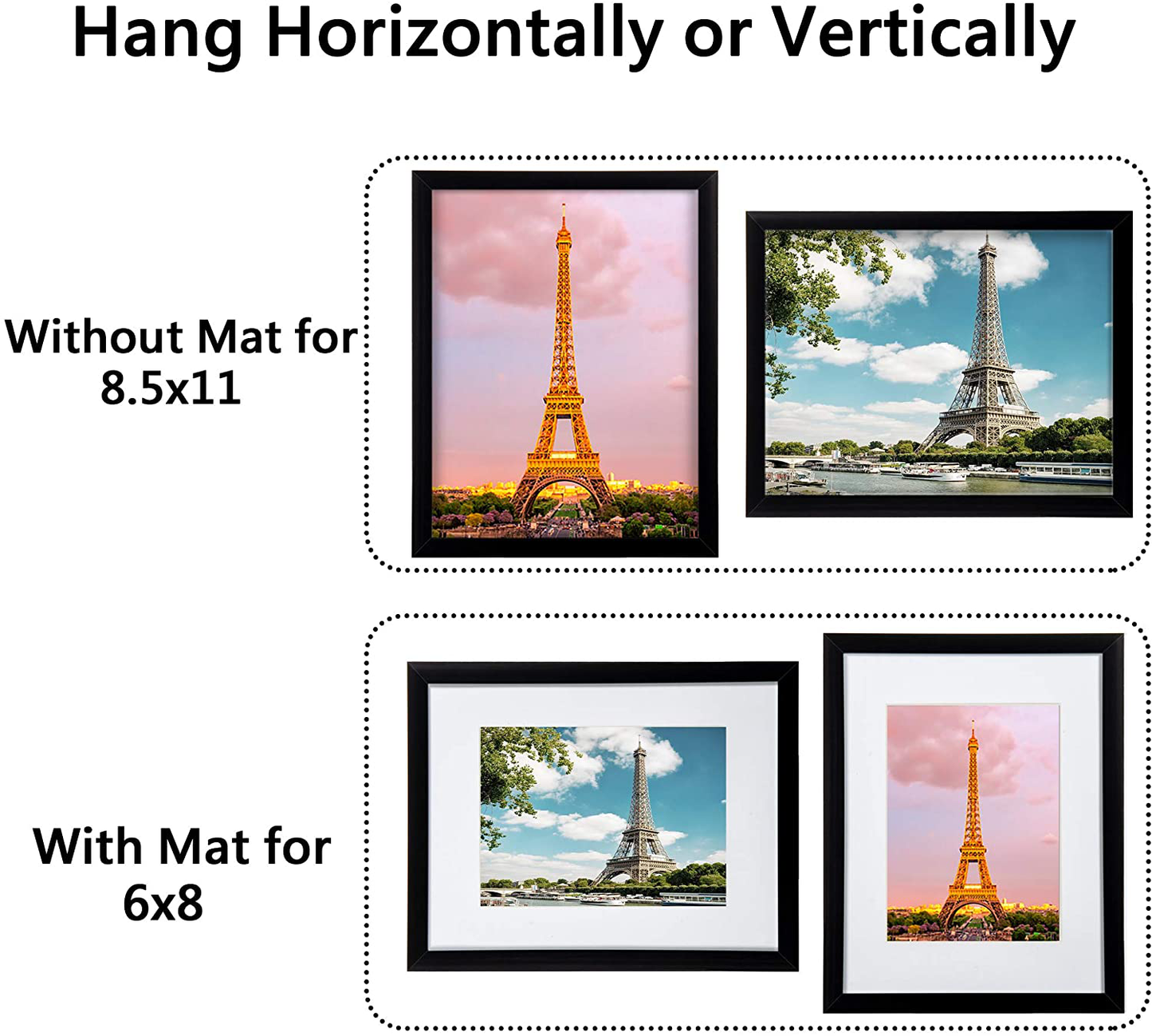 Skørter | upsimples 12x16 Picture Frame Set with 3, Made of High Definition Glass for 8.5x11 with Mat or 12x16 without Mat, Wall Mounted Photo Clamp Black