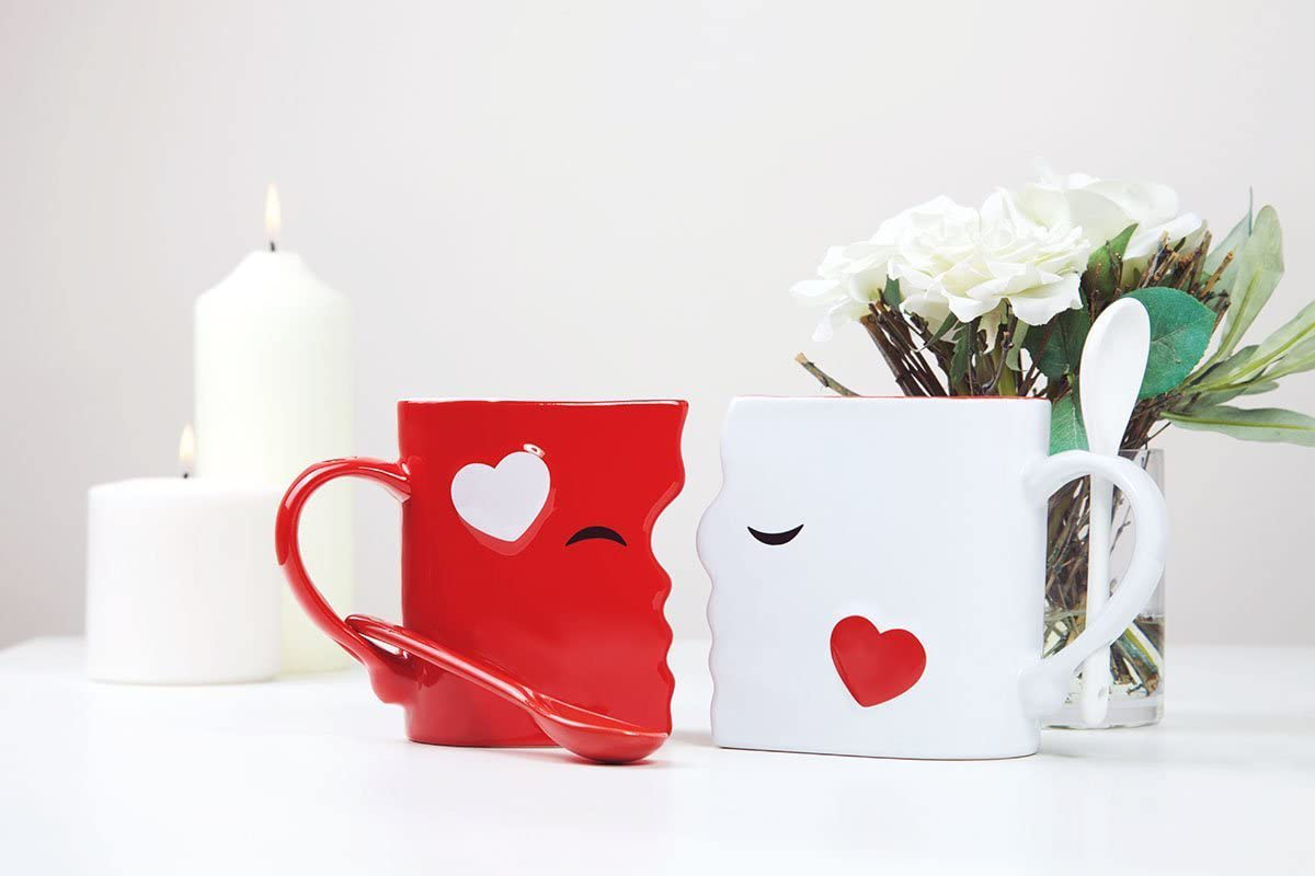 Skørter | Kiss Mug Set, Anniversary & Wedding Gifts, Exquisitely Made Two Large Cups & Spoons for Couples, For Him and Her on Valentines, Birthday, Engagement of Blu Devil