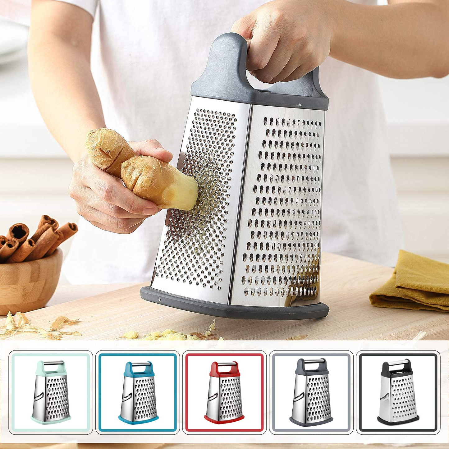 Skørter | Our Chef Professional Box Grater, Stainless Steel with 4 Sides, Best for Parmesan Cheese, Vegetables, Ginger, XL Size, Gray