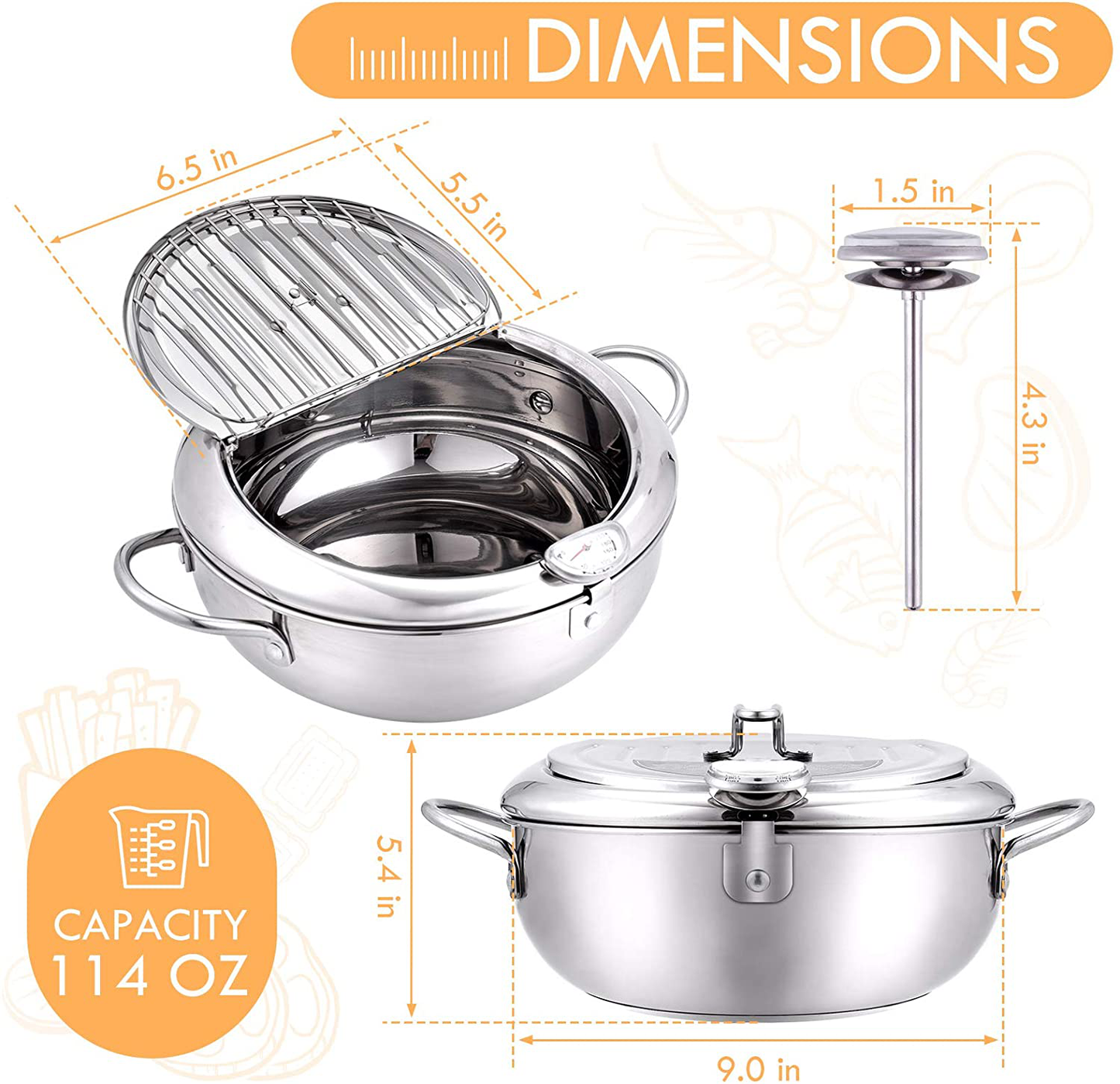 Skørter | cuomaop, deep fryer pot, 304 stainless steel with temperature control and lid Japanese style tempura fryer Uncoated fryer diameter: 9.4"
