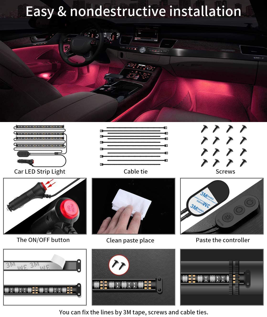 Skorter | Govee Interior Car Lights, LED Car Strip Lights with 2 Lines Waterproof Design, 48 LEDs App Control Car Light Kit, DIY Mode and Music Sync Under Dash Car Lighting with Car Charger, DC 12V