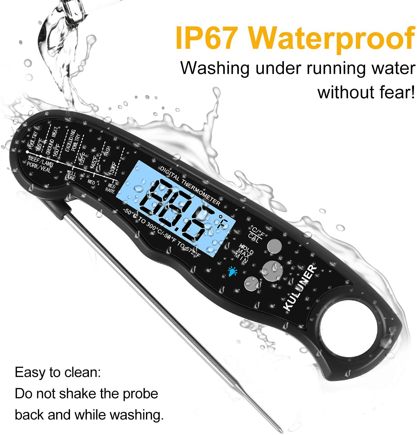 Skørter | KULUNER TP-01 Waterproof Digital Instant Read Meat Thermometer with 4.6” Foldable Probe Backlight & Calibration Function for Cooking Food Candy, BBQ Grill, Liquids, Beef (Black)