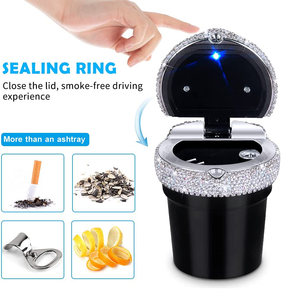 Skorter | eing Car Ashtray Portable Bling Cigarette Smokeless Cylinder Cup Holder with Blue LED Light Indicator, Car Accessories for Women, Ideal for Car, Home and Office, Black