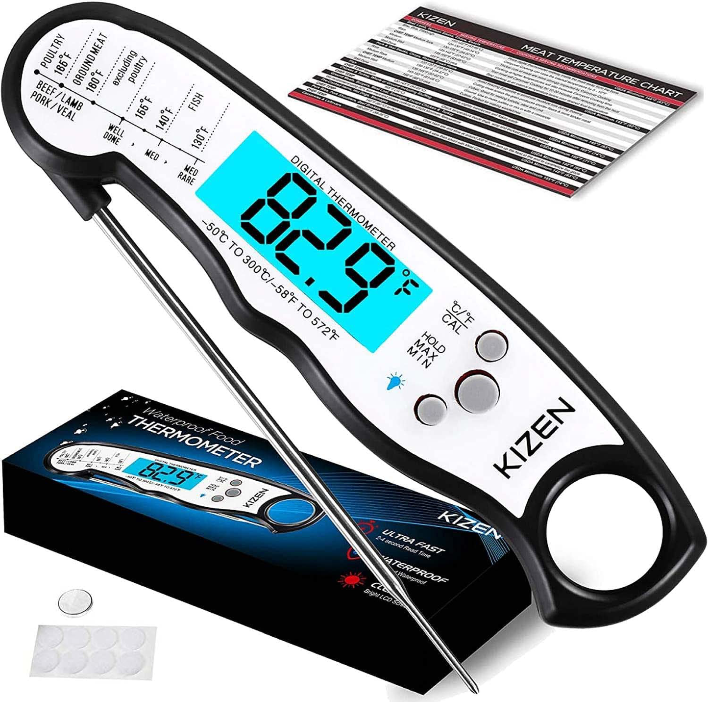 Skørter | Kizen Digital Meat Thermometers for Cooking - Waterproof Instant Read Meat Thermometer for Meat, Frying, Baking, Outdoor Cooking, Grilling, & BBQ (Black/White)