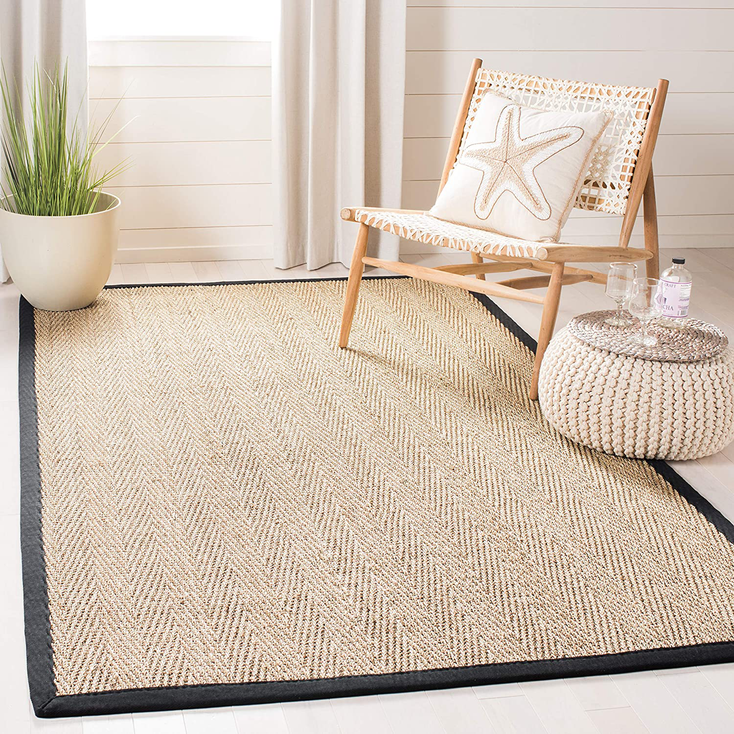 Skørter | Safavieh Natural Fiber Collection NF115C Border Herringbone Seagrass Area Rug, 3' x 5', Black