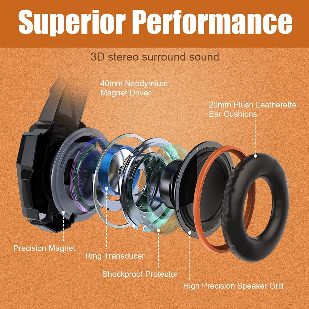Skorter | Bengoo G9000 Stereo Gaming Headset For Ps4, Pc, Xbox One Controller, Noise-Canceling Over-Ear Headphones With Microphone, Led Lights, Bass Surround, Soft Memory Ear Pads (Orange)