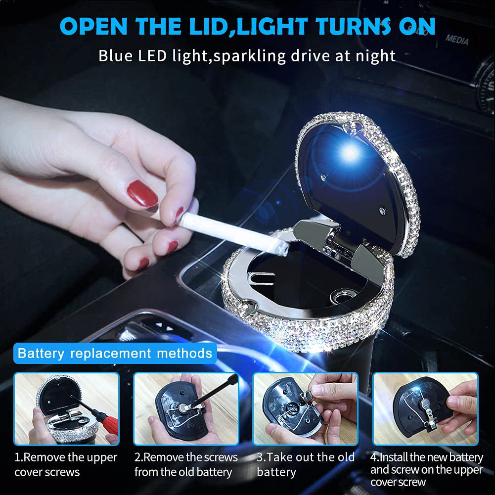 Skorter | eing Car Ashtray Portable Bling Cigarette Smokeless Cylinder Cup Holder with Blue LED Light Indicator, Car Accessories for Women, Ideal for Car, Home and Office, Black