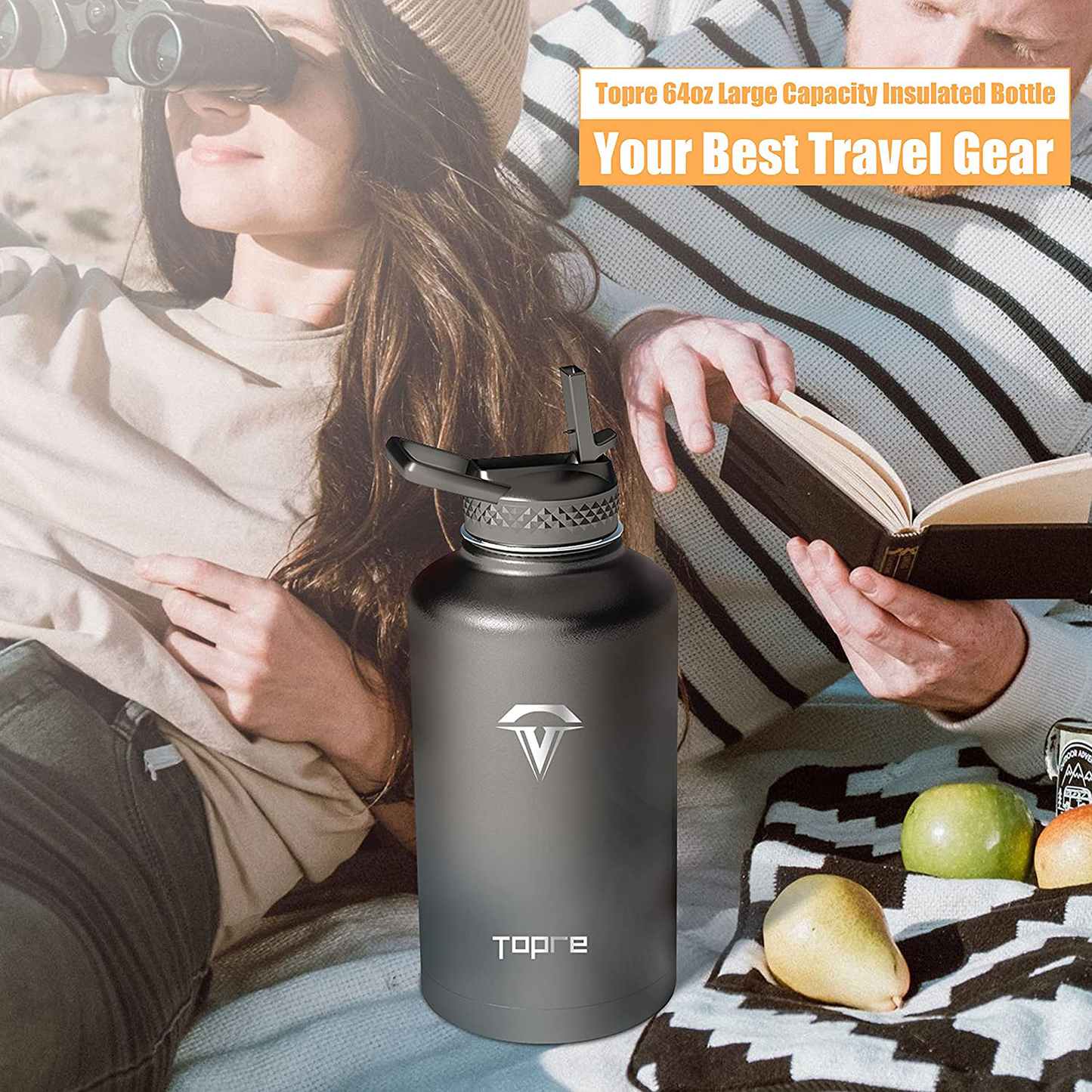 Skorter | 64 oz Insulated Water Bottle, Top Half Gallon Vacuum Stainless Steel Sports Water Jug with 3 Lids & Brushes, BPA-free Reusable Triple-Walled Thermos Jug for Sports Outdoor Camping, Black