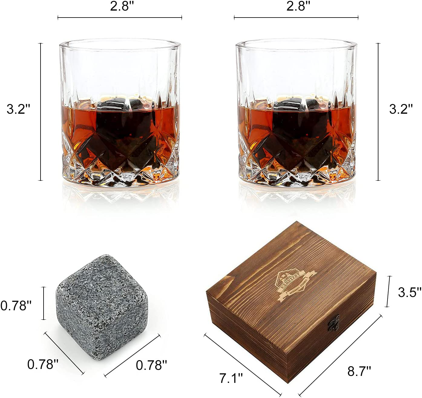 Skørter | Whisky Stones Gift Set - Whisky Glass Set with 2 - Granite Chilling Whisky Stones - Scotch Bourbon Whisky Glass Gift Box Set - Best Drink Gifts for Men Dad Man Birthday Party Holiday Gift