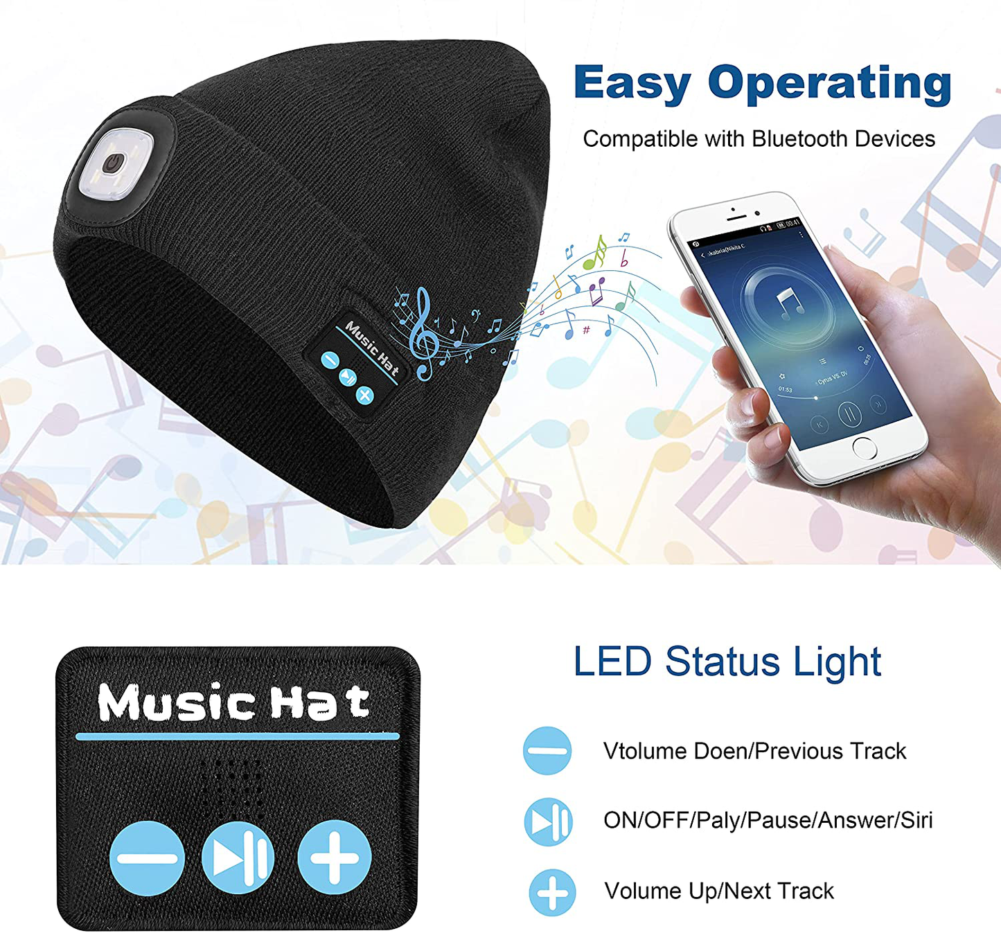 Skørter | Keains Unisex Bluetooth Beanie hat with light, upgraded musical knitted hat with headphones and built-in stereo speakers & microphone, LED hat for running and hiking, Christmas gift for men women dad