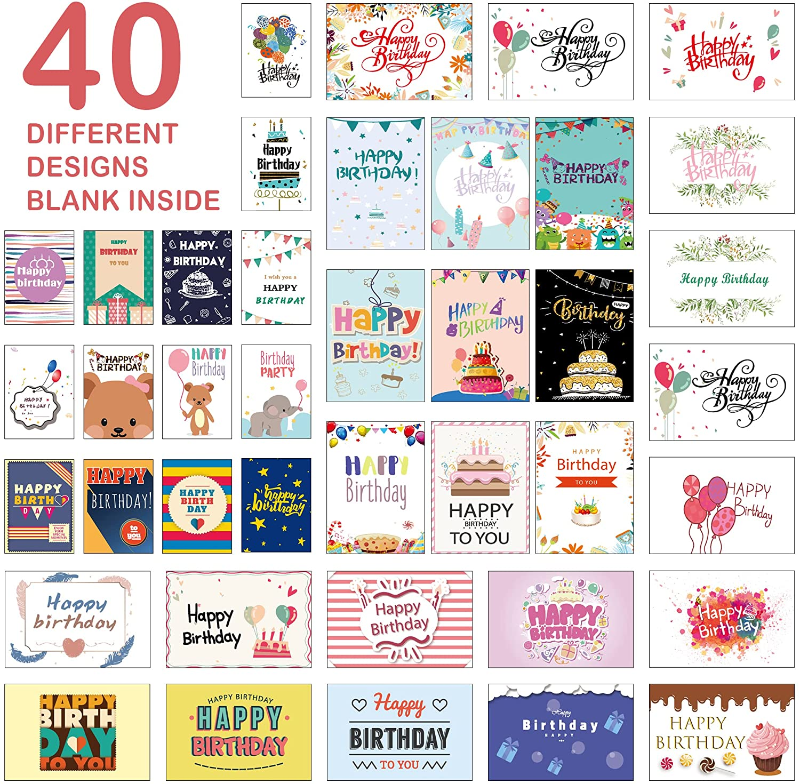 Skørter | 80 Pack Assorted Birthday Cards with 80 Blank Envelopes, 84 Stickers & 3 Washi Tape Rolls