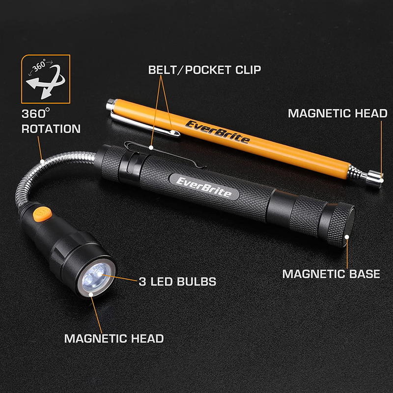 Skorter | 2 Pack Magnetic Pick-Up Tool Set, Telescopic 360 Swivel Expandable Magnetic Tool with LED Light