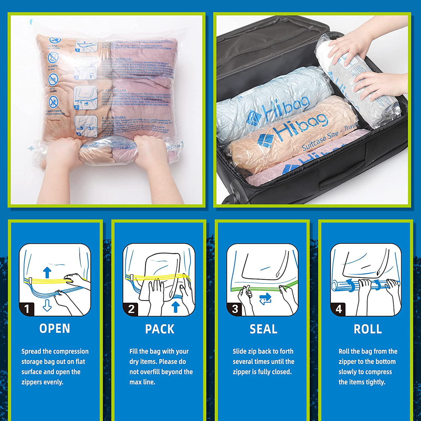 Skorter | 12 Travel Compression Bags, Hibag 12-Pack Roll-Up Space-Saving Storage Bags for Travel, Suitcase Size (12-Travel)