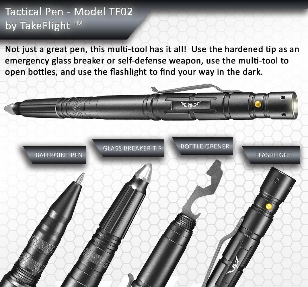Skørter | TAKEFLIGHT Tactical Pen Survival Gear – Aviation Grade Aluminum LED Tactical Flashlight Multitool – Sturdy, Lightweight EDC Pen Survival Tool – Glass Breaker, Corkscrew, Screwdriver, Gift Box