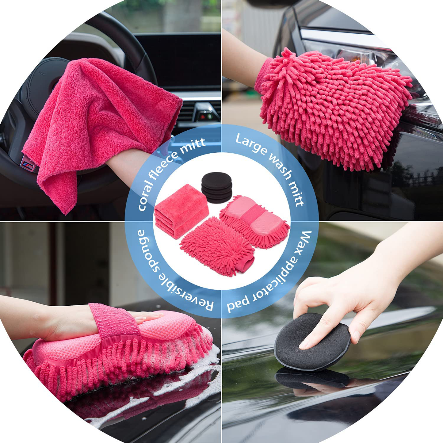 Skørter | AUTODECO 22Pcs Car Wash Cleaning Tool Set Car Detailing Set with Black Leather Bag Pink Collapsible Bucket Washing Mitt Sponge Towels Tire Brush Window Scraper Dust Brush Complete Interior Car Care Set