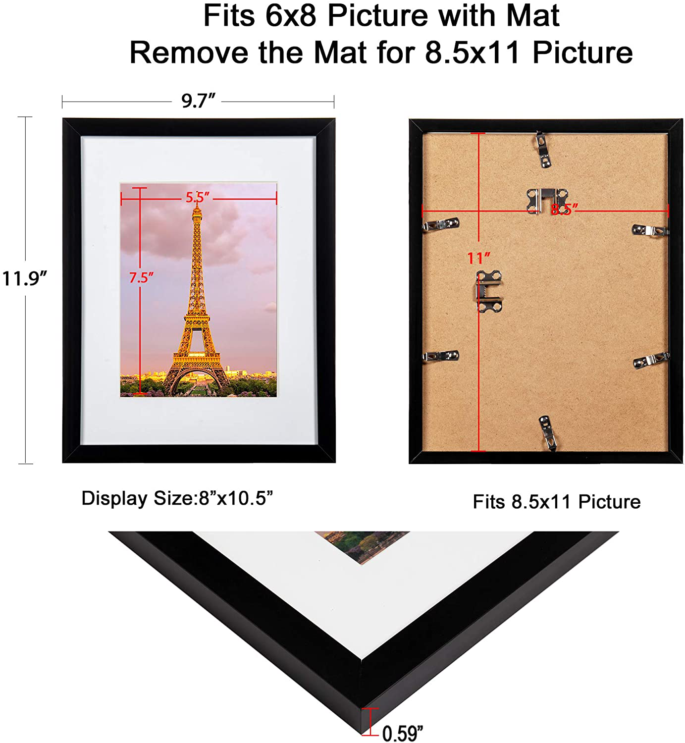 Skørter | upsimples 12x16 Picture Frame Set with 3, Made of High Definition Glass for 8.5x11 with Mat or 12x16 without Mat, Wall Mounted Photo Clamp Black