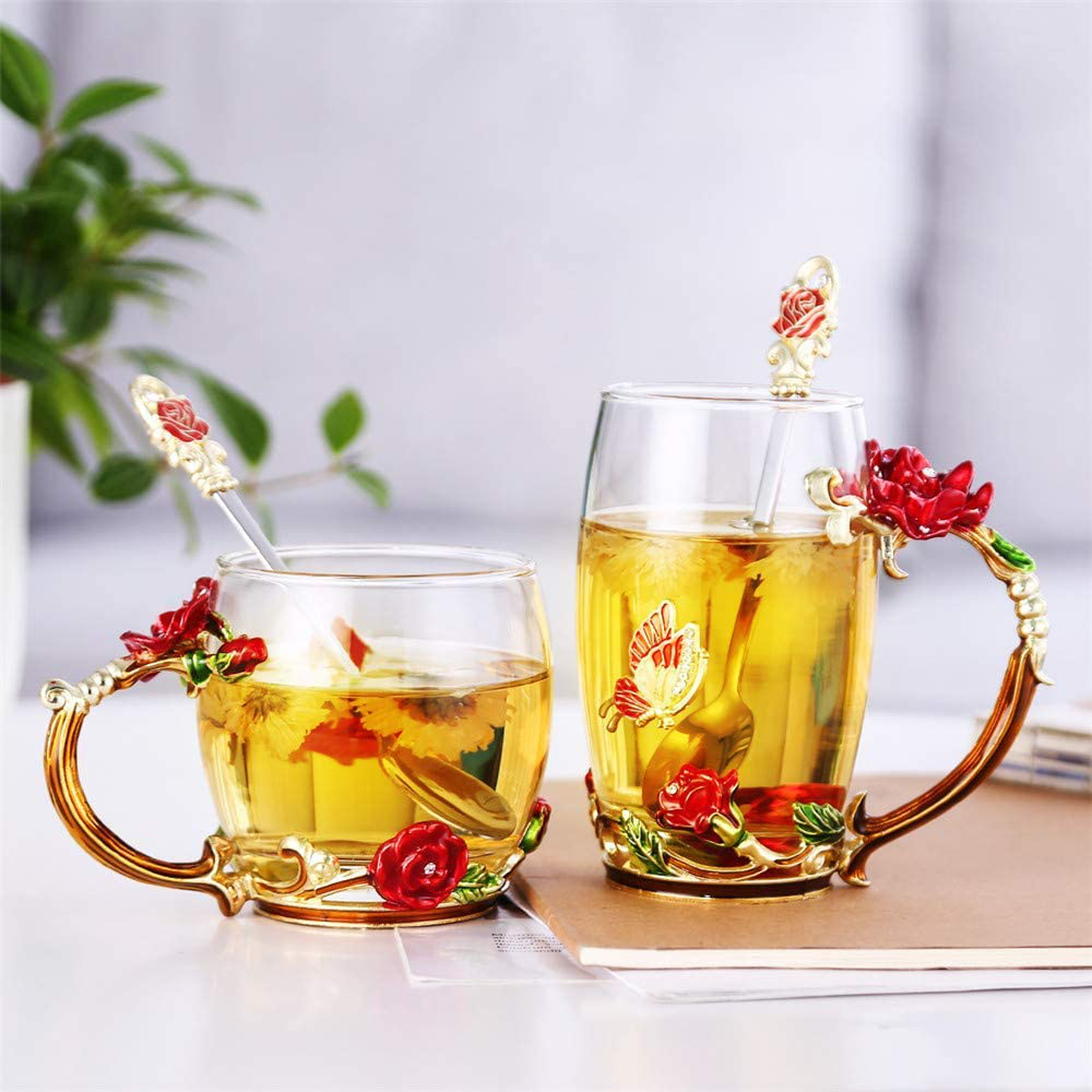 Skorter | Luka Tech Enamel Butterfly Flower Lead-Free Glass Coffee Cup Tea Mug with Steel Spoon, Best Birthday Gifts For Woman Wife Mother Friends Mothers Valentine's Day Christmas (Purple-High)