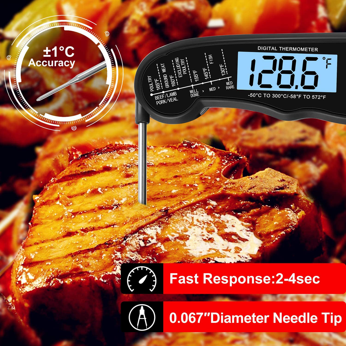 Skørter | KULUNER TP-01 Waterproof Digital Instant Read Meat Thermometer with 4.6” Foldable Probe Backlight & Calibration Function for Cooking Food Candy, BBQ Grill, Liquids, Beef (Black)