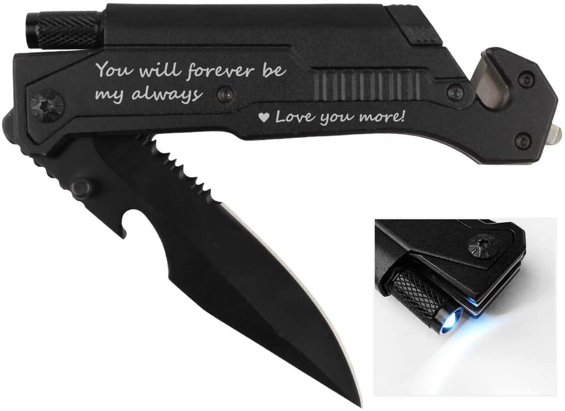 Skorter | Spouse birthday gift, pocket knife with 6 functions, LED light, fire starter, bottle opener, seat belt cutter, glass breaker, anniversary gift for men, boyfriend, Father's Day