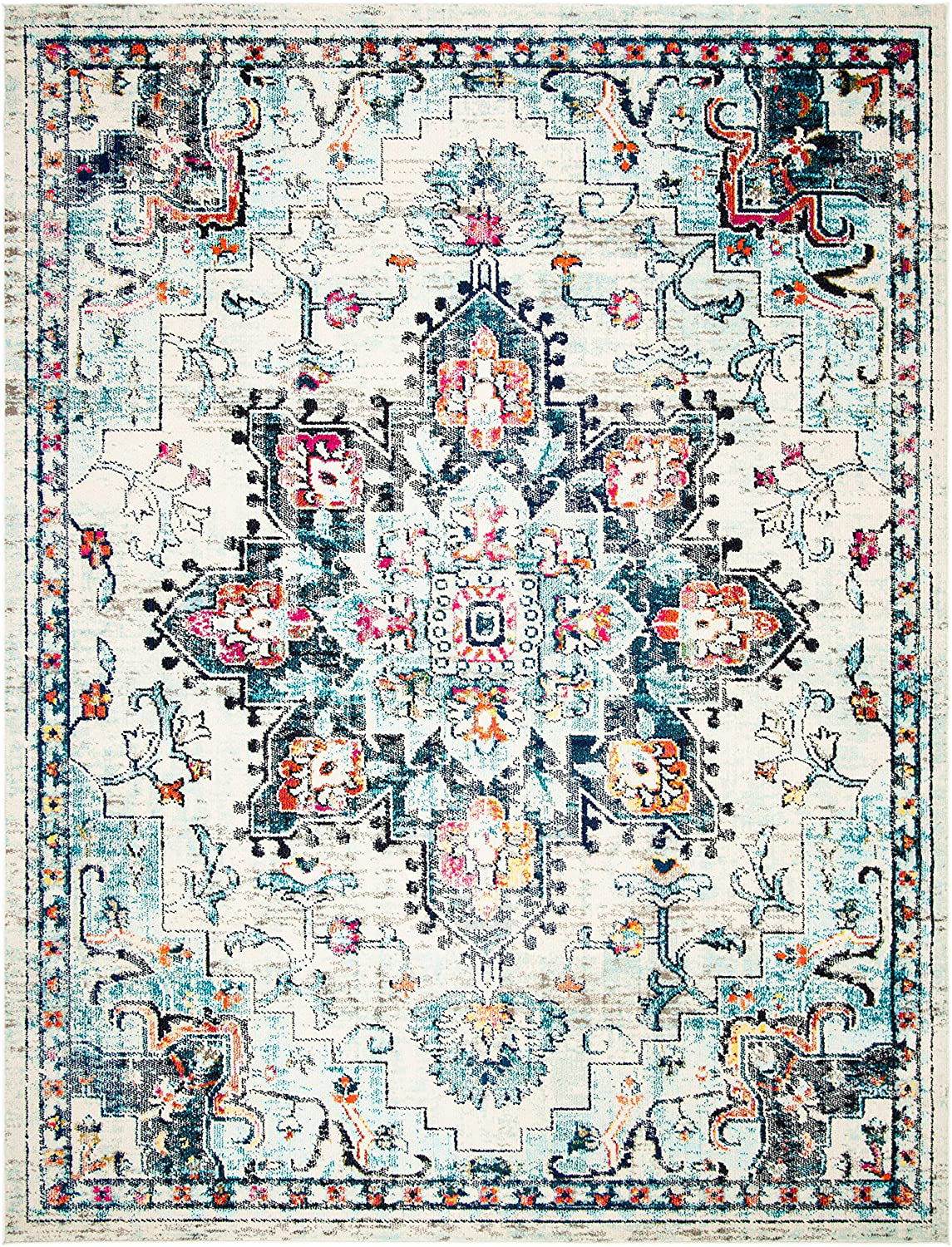 Skørter | Safavieh Madison Collection MAD473D Boho Chic Medallion Distressed Non-Shedding Stain Resistant Living Room Bedroom Area Rug, 2' x 8', Ivory / Light Blue