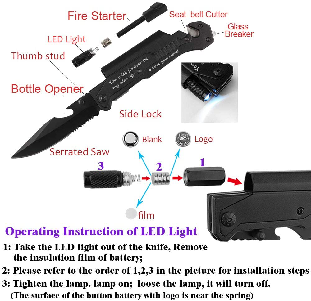 Skorter | Spouse birthday gift, pocket knife with 6 functions, LED light, fire starter, bottle opener, seat belt cutter, glass breaker, anniversary gift for men, boyfriend, Father's Day