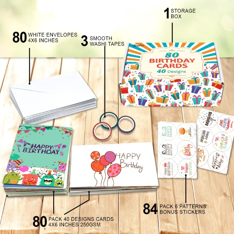 Skørter | 80 Pack Assorted Birthday Cards with 80 Blank Envelopes, 84 Stickers & 3 Washi Tape Rolls