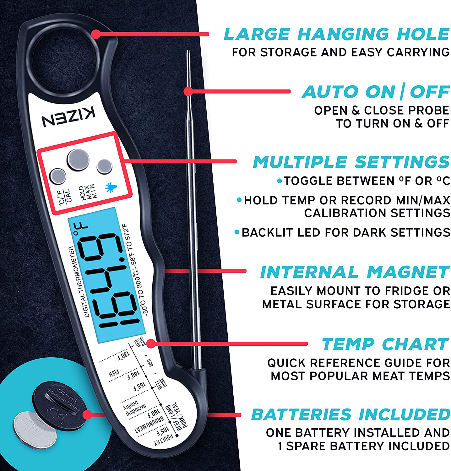 Skørter | Kizen Digital Meat Thermometers for Cooking - Waterproof Instant Read Meat Thermometer for Meat, Frying, Baking, Outdoor Cooking, Grilling, & BBQ (Black/White)