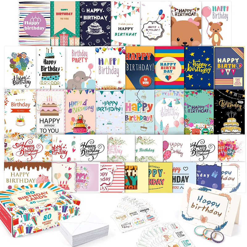 Skørter | 80 Pack Assorted Birthday Cards with 80 Blank Envelopes, 84 Stickers & 3 Washi Tape Rolls