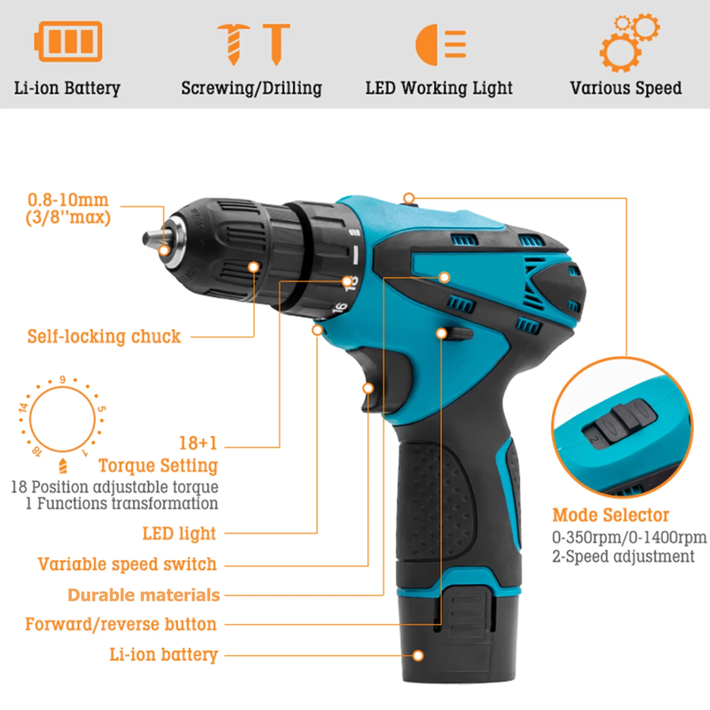 Skorter | 12V Wireless Drill with 42 Accessories with 3/8" Tool-less Chuck, 2 Speeds, 18+1 Positions, Built-in LED