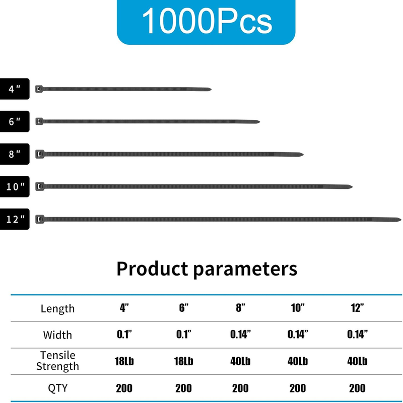 Skorter | 1000 PCS Self-Binding Heavy Duty Cable Zip Ties - 4+6+8+10+12 Inches