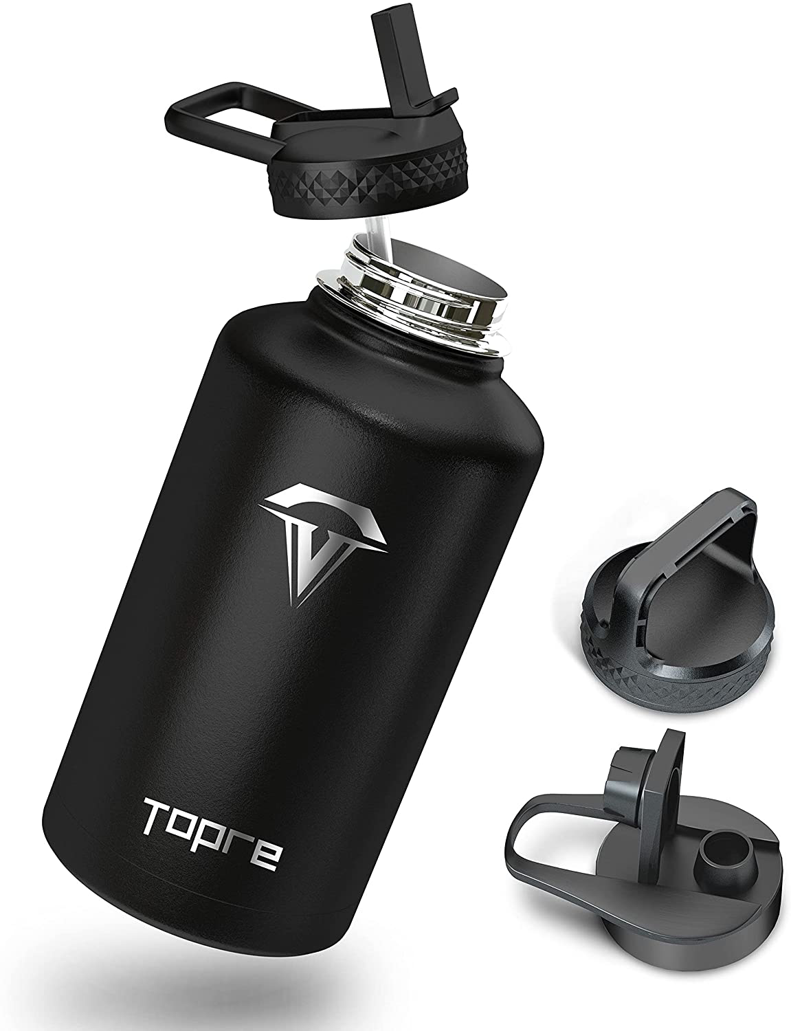 Skørter | 64 oz Insulated Water Bottle, Triple Half Gallon Vacuum Stainless Steel Sports Water Jug with 3 Lids & Brushes, BPA-free Reusable Triple Wall Thermo Cup Jug for Sports Outdoor Camping, Black